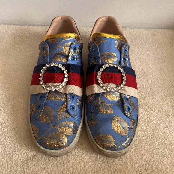 GUCCI Ace Sneakers Crystal Sylvie Blue Lace Size 9.5 | IT 39.5 - Picture 5 of 6